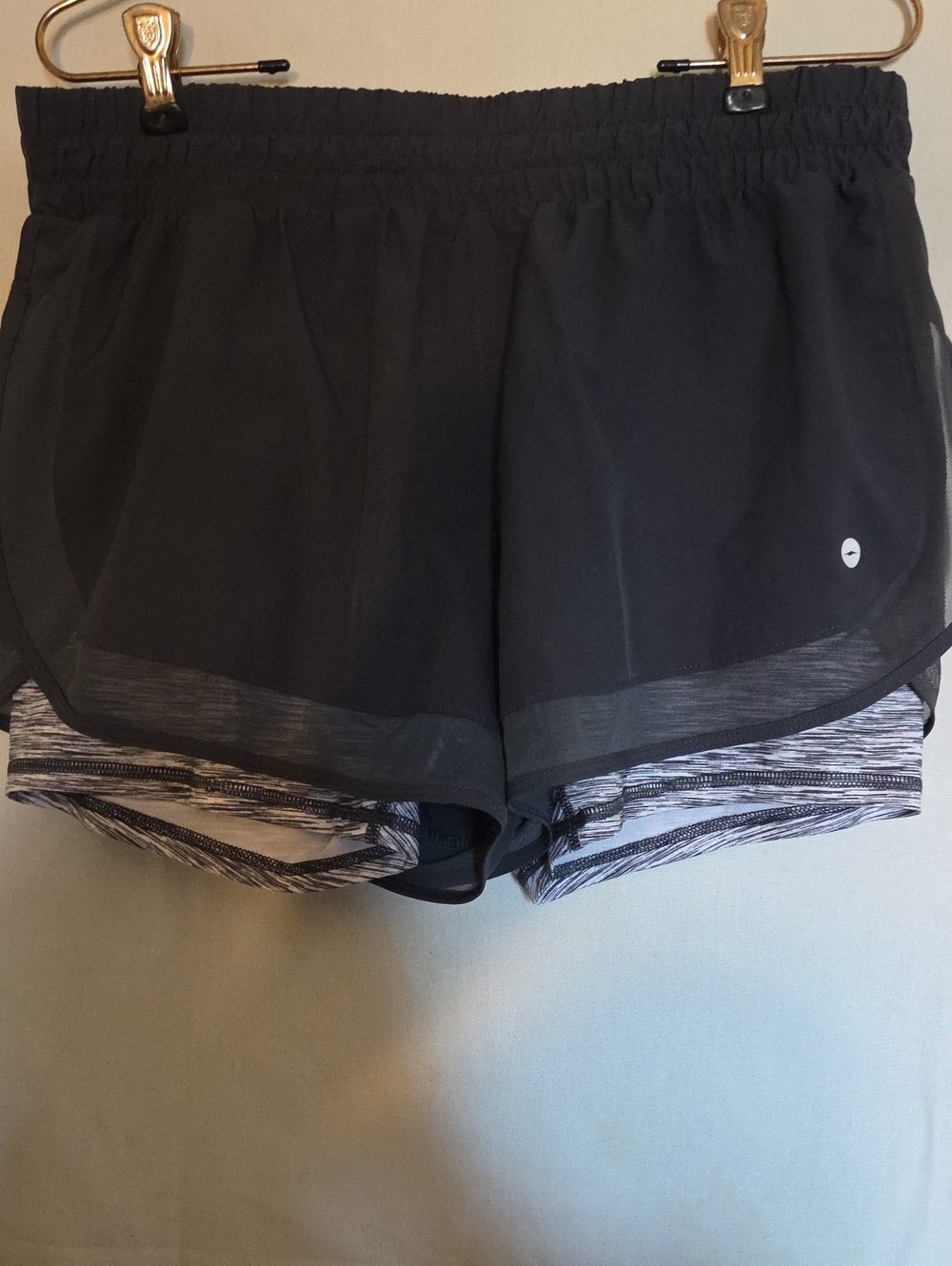 Avia Black Layered Athletic Shorts with Patterned Grey Liner